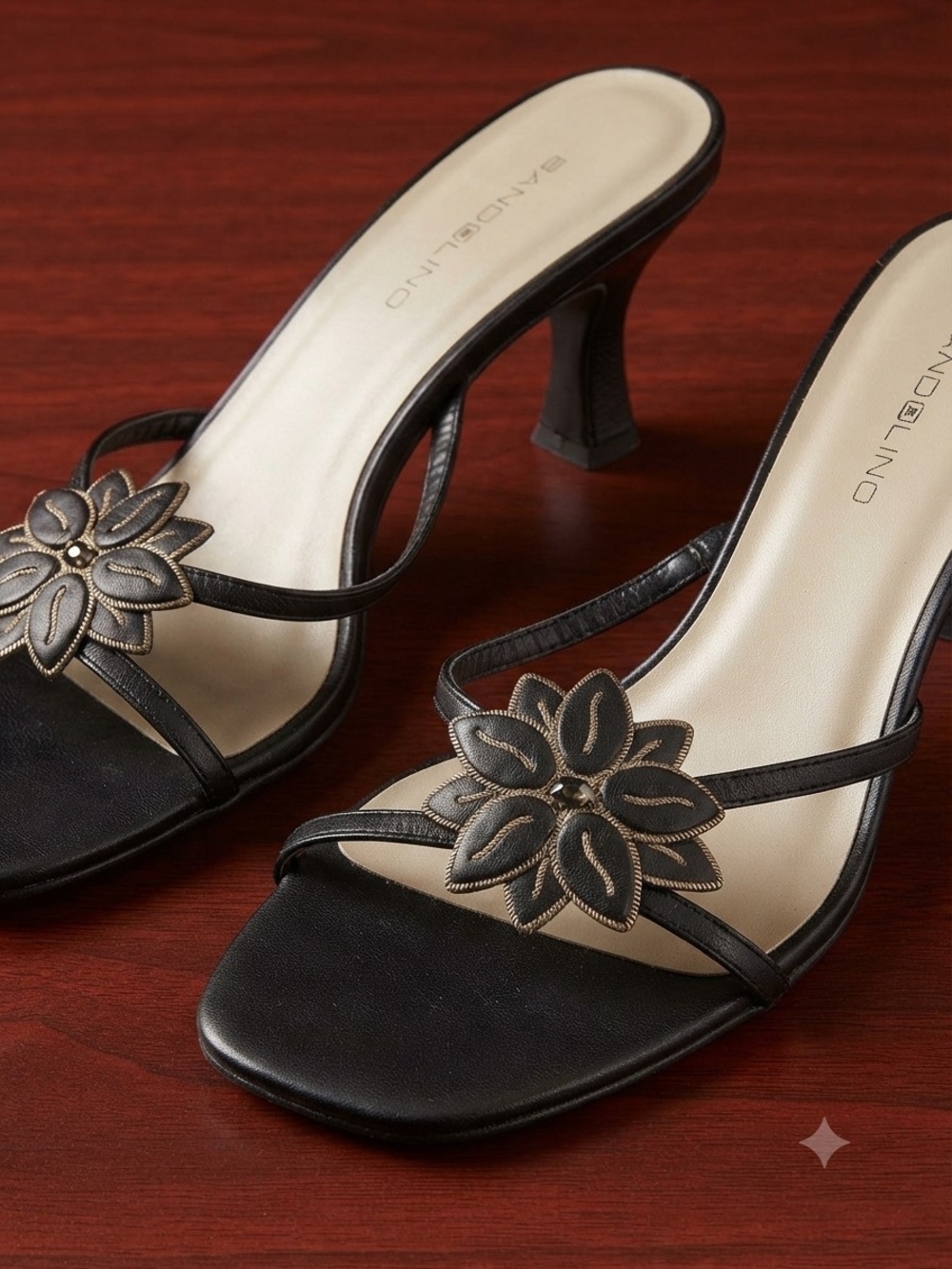 Bandolino Black Floral Strappy Mid-Heel Sandals